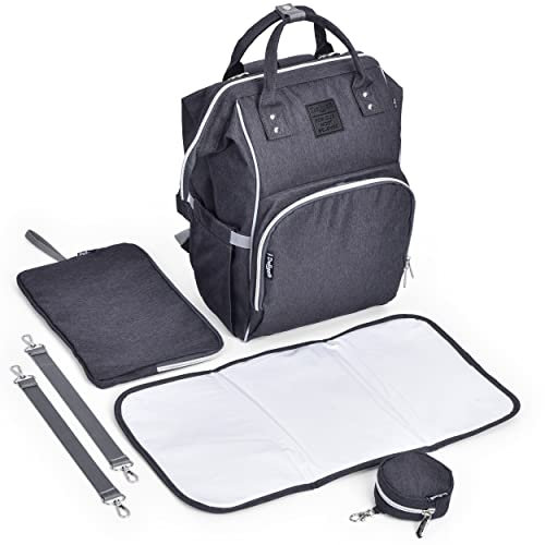 Daliya® PAKMI Wickelrucksack mit Schnullertasche & Wickelunterlage & Wickelunterlagentasche & Schlüsselanhänger - Wickeltasche Mamabag Tasche Rucksack mit viel Stauraum - Schwarzgrau