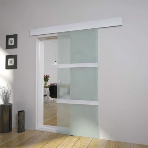 ZEYUAN Schiebetür Glas und Aluminium 178 cm Silbern, Zimmertür, Eingangstür - 1 Aluminiumschiene, 3 Gläser, 1 Abdeckleiste, 2 Türstopper, 1 Türknopf, 2 Montagesätze und 2 Schienenverbinder