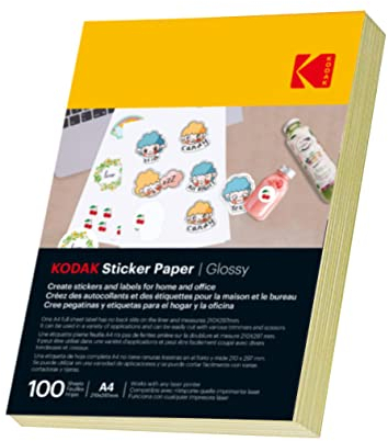 KODAK Stickerpapier A4 selbstklebende Etiketten 100 Blatt geeignet für Laser/Inkjet/Kopierer für universelle Etiketten (Glänzend)