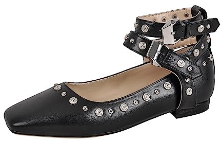 Only maker Damen Ballerinas Flache Pumps mit Nieten Eckige Schuhe Riemchenpumps Metallic Lack Schwarz 45 EU
