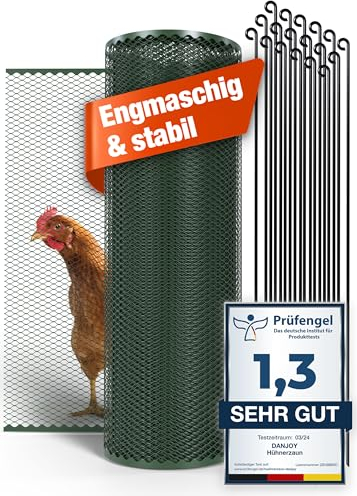 DANJOY Hühnerzaun I 120cm hoch I 25m lang I Der Zaun für Hunde oder Kleintiere ist besonders engmaschig, stabil - kein Durchhängen I 20x Befestigungen I Hundezaun Garten - Grün