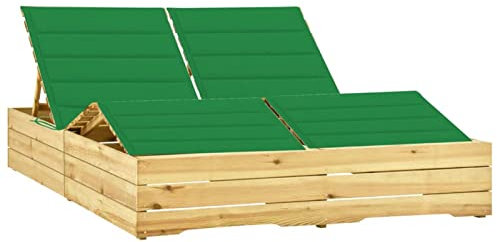 Homgoday Doppelliege mit Grünen Auflagen Sonnenliege Gartenliege Relaxliege Sonnenbett Doppelbett Sonnenliege für 2 Personen Liegestuhl Terrassenliegen Gartenmöbel Kiefer Imprägniert