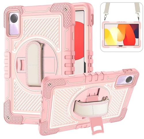 Funda para tablet Xiaomi Redmi Pad SE de 11 pulgadas (2023), funda resistente y resistente, tres capas a prueba de golpes, soporte de rotación de 360 grados, con correa de hombro de mano, color rosa