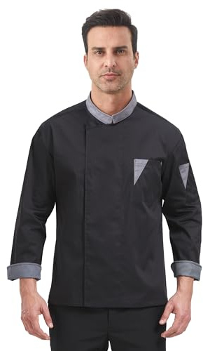 Nanxson Herren Kochjacke Druckknöpfen Schwarz Bäckerjacke mit Tasche | Langarm Kurzarm Kochuniform, Bauwolle und Polyster Kochbekleidung mit Stehkragen, für Gastronomie, Restaurant, Hotel
