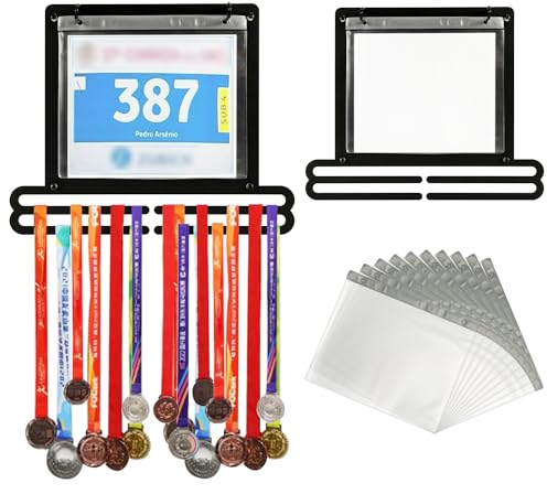 NQEUEPN Espositore per Medaglie, Espositore per Pettorali e Medaglie Montaggio a Parete Porta Medaglie Sportive per Regali per Corridori Espositore per Oltre 40 Medaglie e con 10 Buste Ribaltabili