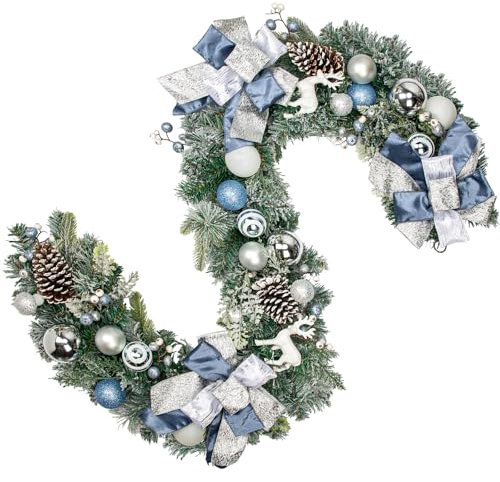 Weihnachtsgirlande für Weihnachten - Blauer Girlande mit Weihnachtskugeln, Beeren, Tannenzapfen und Schleife, Künstliche Girlande Weihnachtsdeko Wanddeko, 1,8 M
