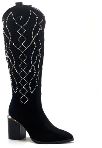 Aspand Collection Stivali al Ginocchio con Strass da Donna in Poliuretano (PU) con Borchie, Modello XG-109 per Giovani Donne alla Moda., NERO, 40