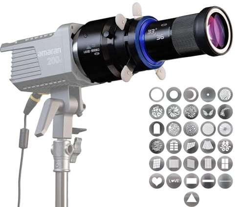 Bowens Mount Snoot Spotlight Gobo Projektor, kompatibel mit Aputure Amaran 60D/XS/100X/D 200D/X, Godox SL60, inklusive 5 Farbfiltern und 31 Gobos. Mit 4 Blättern Barndoor Insert Studio Photography.