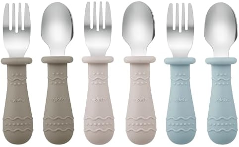 PandaEar Ensemble de Couverts pour Bébé, Lot de 6 Cuillères et Fourchettes pour Enfants, Acier Inoxydable 18/8 et Silicone de Qualité Alimentaire, Ensemble de Couverts pour Enfants (Marron/Noyer/Bleu)