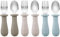 PandaEar 6 Stücke Kinderbesteck Esslernbesteck ab 1 jahr| Silikon Edelstahl Baby Besteckset Löffel Gabel mit Silikon Halten Anti-Choke Design, BPA Frei Lernbesteck (Leichte Bräune/Walnuss/Blau)