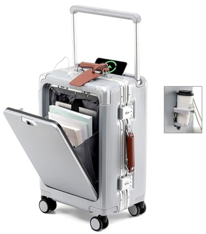BEITH Koffer Handgepäck, BS849-2 Reisekoffer mit Getränkehalter, USB, Type-C, Aluminiumrahmen Hartschalenkoffer, PC Hülse, Breite Hubstange, TSA-Zollschloss, Vorne zu öffnen, 360° TPU Silent Rollen