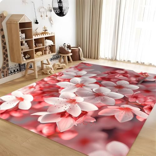 Kurzflor Teppich Rosa Japanische Kirschblüten 80x150 cm Modern rutschfest Wohnzimmer Teppich Groß, Flauschiger Flanell Teppich, fürs Schlafzimmer, Wohnzimmer, oder Kinderzimmer