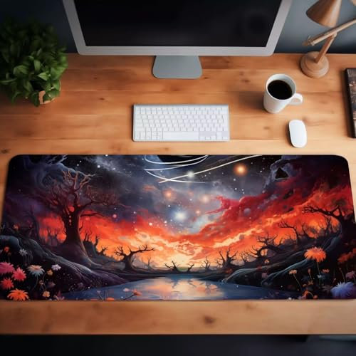 Tapis de Souris Gaming XXL 60x40x0.2 cm Grand Tapis de Souris,avec Bords Cousus Base en Caoutchouc Antidérapant,Surface Spéciale Améliore Précision Pour Maison,Bureau,Gamer (Arbre Paysage Fantastique)