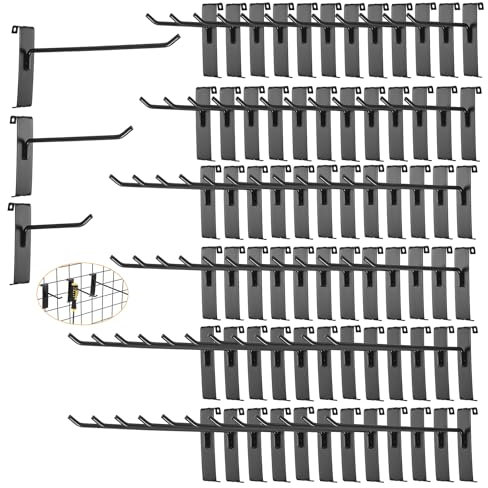 IGNPION Lot de 75 crochets de fixation pour grille de 10,2 cm, 15,2 cm, 20,3 cm, accessoires pour panneaux muraux de grille, accessoires noirs de qualité commerciale pour garage, magasin, vente au