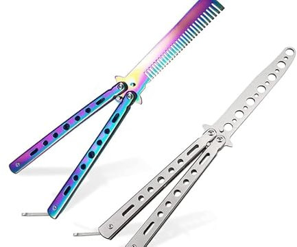 3 Stück Butterfly Trainer: Butterfly Messer zum Üben Ungeschärfte Klinge, Butterfly Kamm Edelstahl für Trainingsmesser AnfäNger-Der Flipping Tricks üBt (Schwarz + Silber + Farbe) (4)