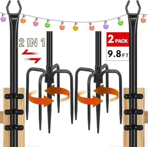 HoldOneLight String Light Pole für Deck - 2 Pack 9.8FT für außen hängenden Stahl String Pole für Outdoor-Dekoration Garten, Hinterhof, Terrasse Beleuchtung Stand für Parteien, Weihnachten, Hochzeit