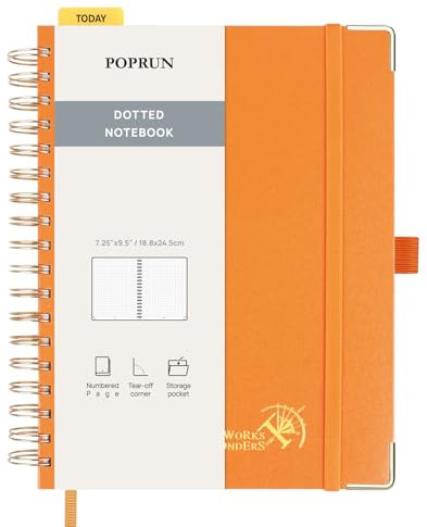 POPRUN Notizbuch B5 Gepunktetes, Bullet Dotted Journal, Spiral-Notizbücher 120 GSM Papier, 220 nummerierte Seiten, Hardcover mit Kleberegisterkarten und 8 Abreißblättern - OR(Orange)