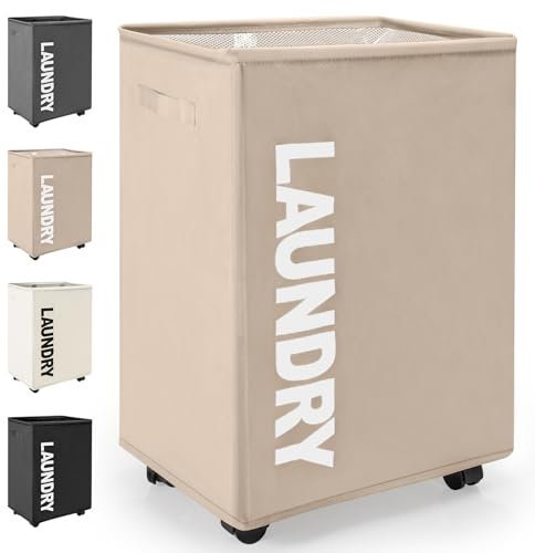 Rieeyrslza Faltbare Wäschekörbe mit Rädern 65L Großen Oxford-Stoff Faltbarer Wäschekorb Rechteckiger Wasserdichter Wäschebehälter Faltbare Wäschebox mit Rad Praktischer Wäschesammler(Khaki)