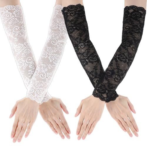 2 Pairs Women's Lace Mesh Arm Sleeves, Long Fingerless Arm Sleeves for Women Sun UV Protection, Cooling Lace Arm Sleeves for Women, Outdoor Halloween Christmas Costume Accessories (Black & White)