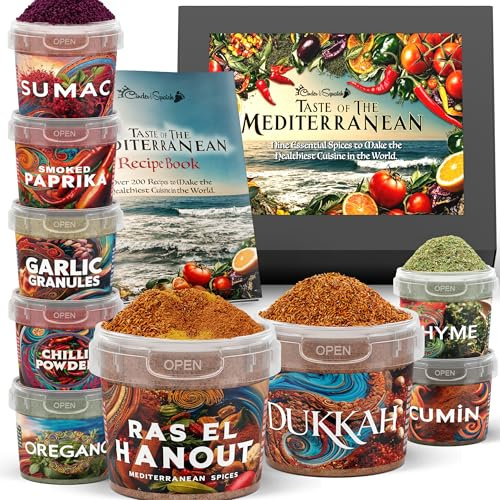 Mediterranean Spices Gift Set by Cinder & Squatch - Taste Of The Mediterranean | 9 Herbs & Spice Kit with Mediterranean Diet Recipe Book | Food Gifts with Cookbook inc 200+ Healthy Recipes