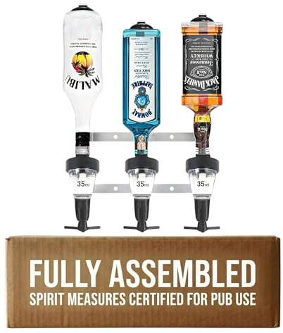 Chabrias Ltd Black 3 Bottle Wall Bar Rail + 35ml Spirit Optic Measure - UK Made, Fully Assembled Metal Bracket & Pub Trade Compliant, Traditional Black, Fits 70cl–1.5L Bottles