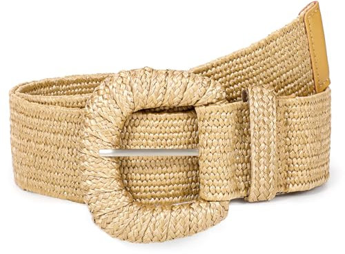 JasGood Stroh Geflochten Elastischer Gürtel für Damen Breiter Taillengürtel Rattan Gewebter Boho Gürtel für Kleider,Khaki,110cm