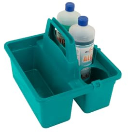Axis Line Boîte de transport pour produits de nettoyage, boîte de rangement avec 2 compartiments, panier à bouteilles pour 3 bouteilles de 1 litre, poignée stable, plastique, 28 x 31,5 x 14 cm