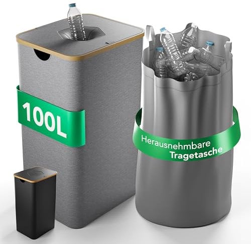 Pfandflaschen Sammelbehälter 100L mit Tragetasche I Flaschensammler für 30-40 Flaschen I Leergut Sammelbehälter mit Bambusdeckel & Tragetasche I Recycling Behälter für PET-Flaschen & Altglas (Grau)