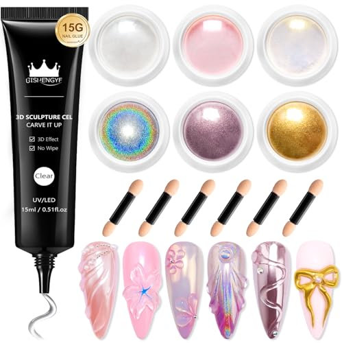 BISHENGYF 3d Nail Gel And Chrome Nail Powder Kit: 15 G Strong 3d Sculpting Nail Gel,Pink Moonlight Glazed Gold Chrome Nail Powder For 5d Molding Nail Art Design Decoration(Silver/Laser/Yellow)