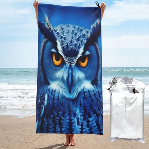 CBXYFCBC Strandtuch, blaue Eule, weich, schnell trocknend, super saugfähig, Mikrofaser, leicht, großes Badetuch für Reisen, Schwimmen, Camping, Yoga