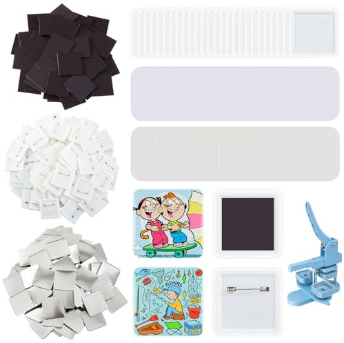 100 Sets 50mm/1.97 Inch Square Button Parts, Include 50 Fridge Magnet Maker Supplies and 50 Pin Making Supplies for Square-Shaped Button Maker Machine, DIY Gift Crafts