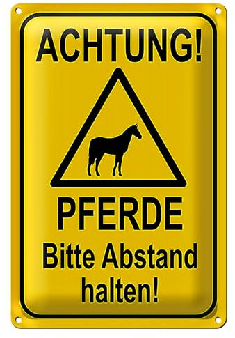 Achtung! Pferde | Bitte Abstand halten | Metallschild für Außenbereich | 12 cm x 18 cm