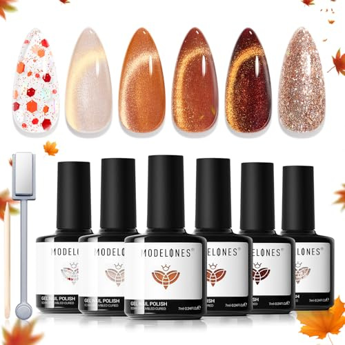 Modelones Gel Nail Polish Set, 6 Colors Autumn Nude Brown Orange 9D Cat Eye Gel Polish Champagne Gold Glitter Nail Polish with Magnet and Wooden Stick Soak Off LED Manicure Kit