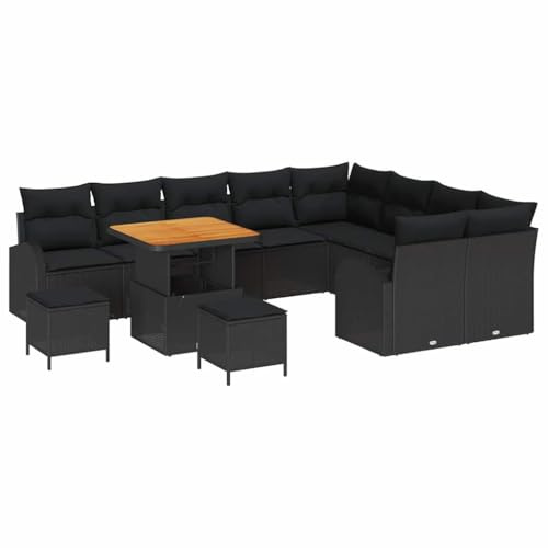 vidaXL 12-teiliges Garten-Sofaset mit Kissen in Schwarz aus Poly Rattan und Stahl für Terrasse und Balkon. Modulares Lounge-Set ideal für entspannte Sommerabende.