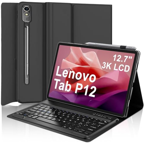 IVEOPPE Tastiera per Lenovo Tab P12 12.7 2023, Cover per Lenovo Tab P12 con Tastiera, Custodia Cover Tastiera Layout Italiano Rimovibile Bluetooth per Lenovo Tab P12 12.7 Pollici 2023 TB370FU, Nero