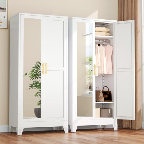 winiowa Metal Armoire Wardrobe Closet with 2 Mirror Doors, 71 Wardrobe Cabinet with Adjustable Shelves and Hanging Rod, Clothing Storage Cabinet Closet with Mirror for Bedroom-White