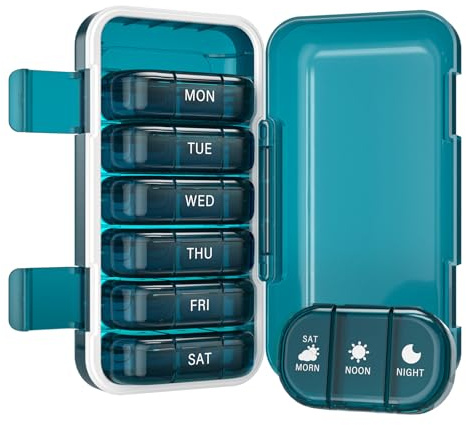 Joinice Tablettenbox 7 Tage, Wöchentliche Pillendose 3 Fächer pro Tag (MORN/NOON/NIGHT), Klein, Feuchtigkeitsfest & Robust, Für Medikamente, Vitamine & Ergänzungsmittel (3x7 Blau)