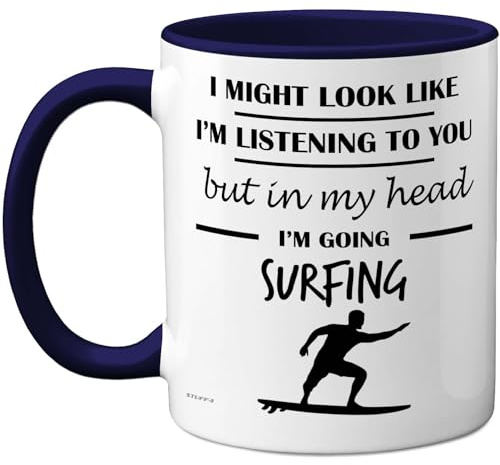 Stuff4 Surfing, in My Head Mug Navy Blue Handle | Funny Gift for Surfing Lover Women and Men, 11oz Premium Ceramic Dishwasher Safe Mugs Novelty Cup