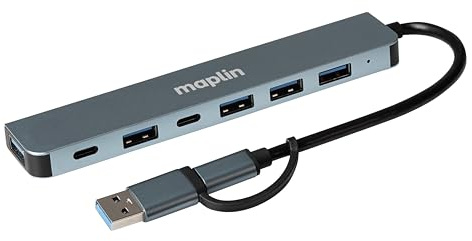 Maplin Multiport Hub - 7 Port Adapter with 4x USB-A 2.0, 1x USB-A 3.0 (5Gbps), 2x USB-C – Dual Input, 13cm Cable, Plug & Play, Compatible with Windows, Mac, Linux, Chrome OS