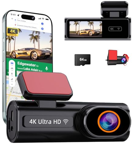 Dashcam Auto Vorne Hinte, 4K+1080P Dual Kamera mit 5GHz WLAN GPS und 24/7 Parküberwachung für maximale Sicherheit durch ADAS Nachtsicht & 170° Weitwinkel - Inkl. 64GB SD Karte