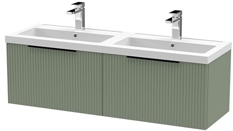 Balterley Vanity Unit with Basin Wall Hung, 2 Drawer Soft Close with 2 Rectangular Sink and Handles, Bathroom Vanity Units with Basin, Fluted Front Sink Cabinet - 1205 x 383 x 399mm (Green)