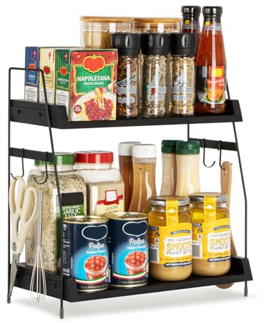 PUERSI Kaffee Regal, 2 Tier Kaffeebar Organizer, Küchenregal Arbeitsplatte | Holz Küche Aufbewahrung & Organisation mit Haken, für Zuhause, Küche, Büro - Schwarz