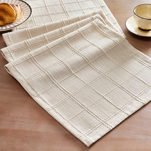 ZeeMart Linen Checked Table Runner, 13x72 Inches Beige, Textured Woven Farmhouse Table Runners 72 Inches Long, Neutral Plaid Dresser Scarf for Kitchen Dining Holiday Everyday Decor