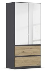 Rauch Möbel Costa, Kleiderschrank, Farbe Grau metallic, Breite 91 cm | Schrank, 2-türig, Spiegel, 2 Schubladen, Push-to-open, Zubehör Premium, für Schlafzimmer, Kinderzimmer, Babyzimmer, Garderobe