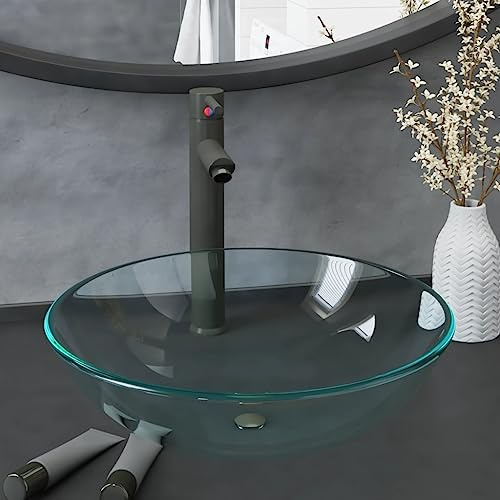 Ziaphsol Lavabo da appoggio con rubinetto e scarico push in vetro temperato, rotondo, 42 cm, rubinetto monoforo con componenti in ottone zinco, per bagno e WC degli ospiti