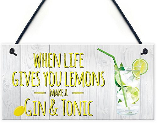 RED OCEAN Life Gives You Lemons Gin Tonic Hanging Sign Vintage Shabby Chic Friendship Gift