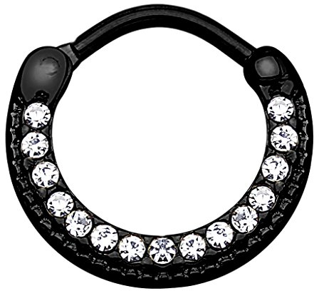 Piercingfaktor Universal Piercing Septum Ring Clicker Schild gebogen mit Kristallen Lippen Nasen Lippe Ohr Tragus Helix Intim Augenbraue Horseshoe Schwarz