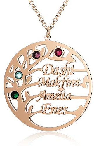Namenskette Baum Personalisierte Lebensbaum Kette mit Gravur 4 Namen und Geburtsstein Stammbaum Runde Anhänger für Mutter Familie Oma 925 Sterling Silber Rose Gold Weihnachten Schmuck
