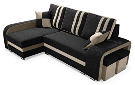 Robin York Ecksofa mit Schlaffunktion 2X Bettkasten 2X Kleine Kissen 2X Hocker Sofa L-Form Schlafsofa Freistehende Eckcouch Schlafcouch Wohnzimmermöbel Wohnlandschaft Schwarz Beige