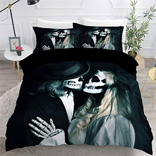 Timiany Bettwäsche Set Schädel & Rosen Bettbezug 135x200cm, Halloween Gotisch Totenkopf Hypoallergen Mikrofaser Bettbezüge Und 2 Kissenbezug 80x80cm (Schädel,135x200+80x80)